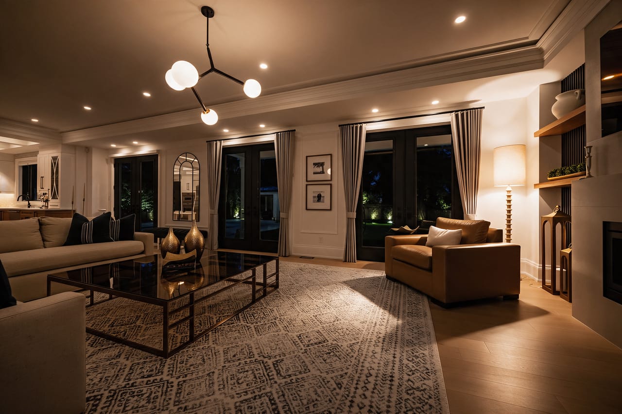 The living room after dark, lamplight across the rug and the garden doors gone to night