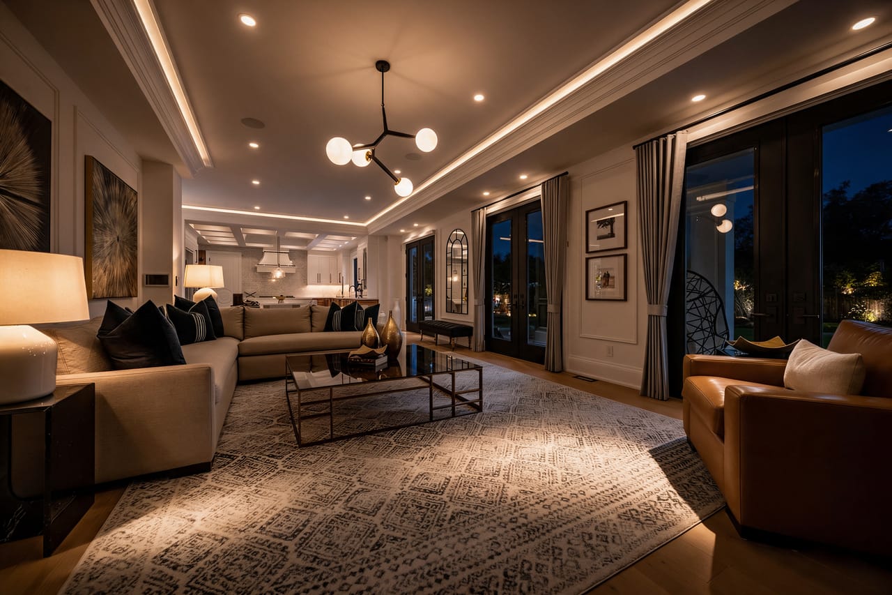 Living room at night looking to the garden doors, the terrace lit beyond the glass