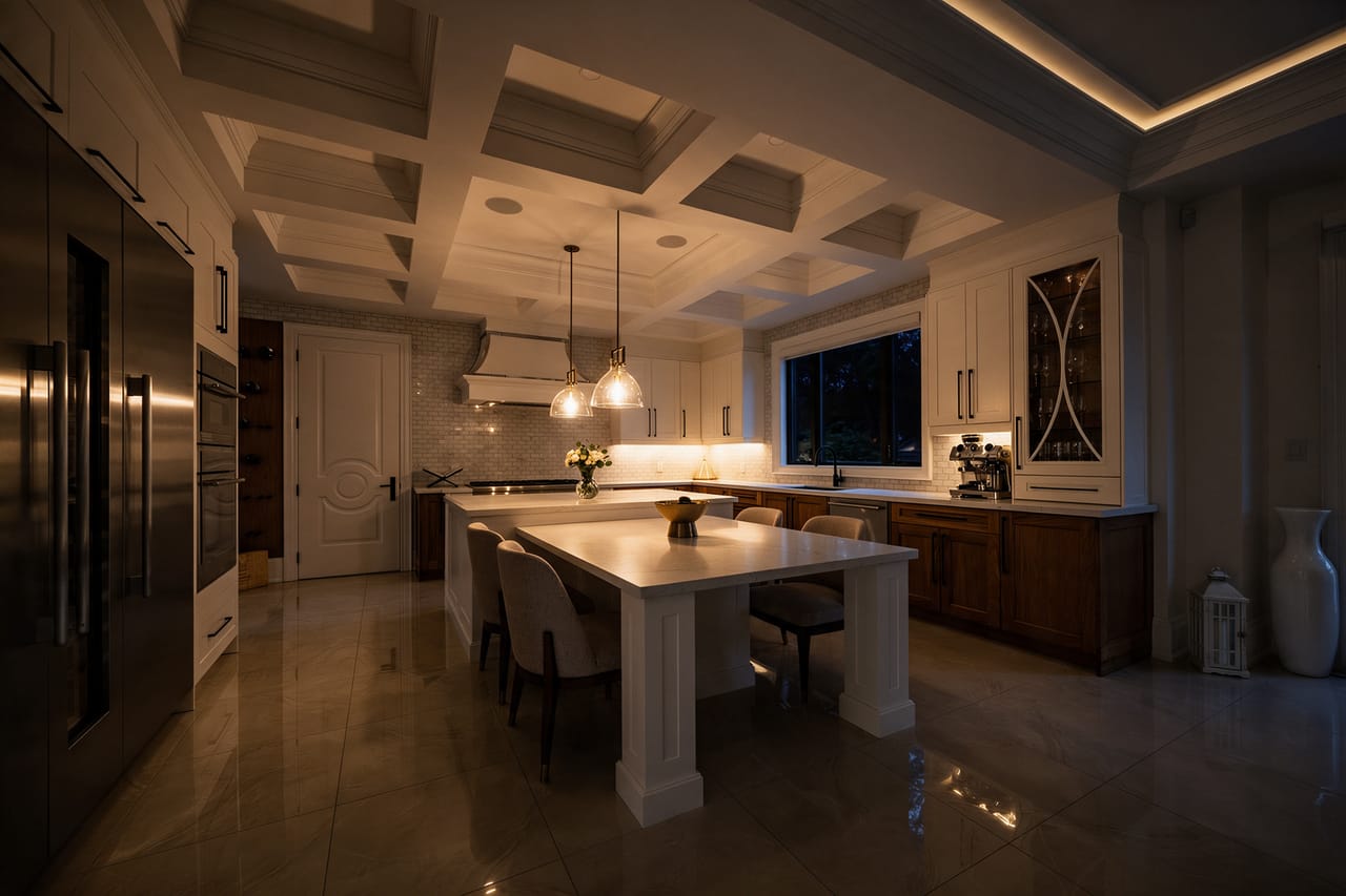 The kitchen at night, pendants and under-cabinet light over the quartz island