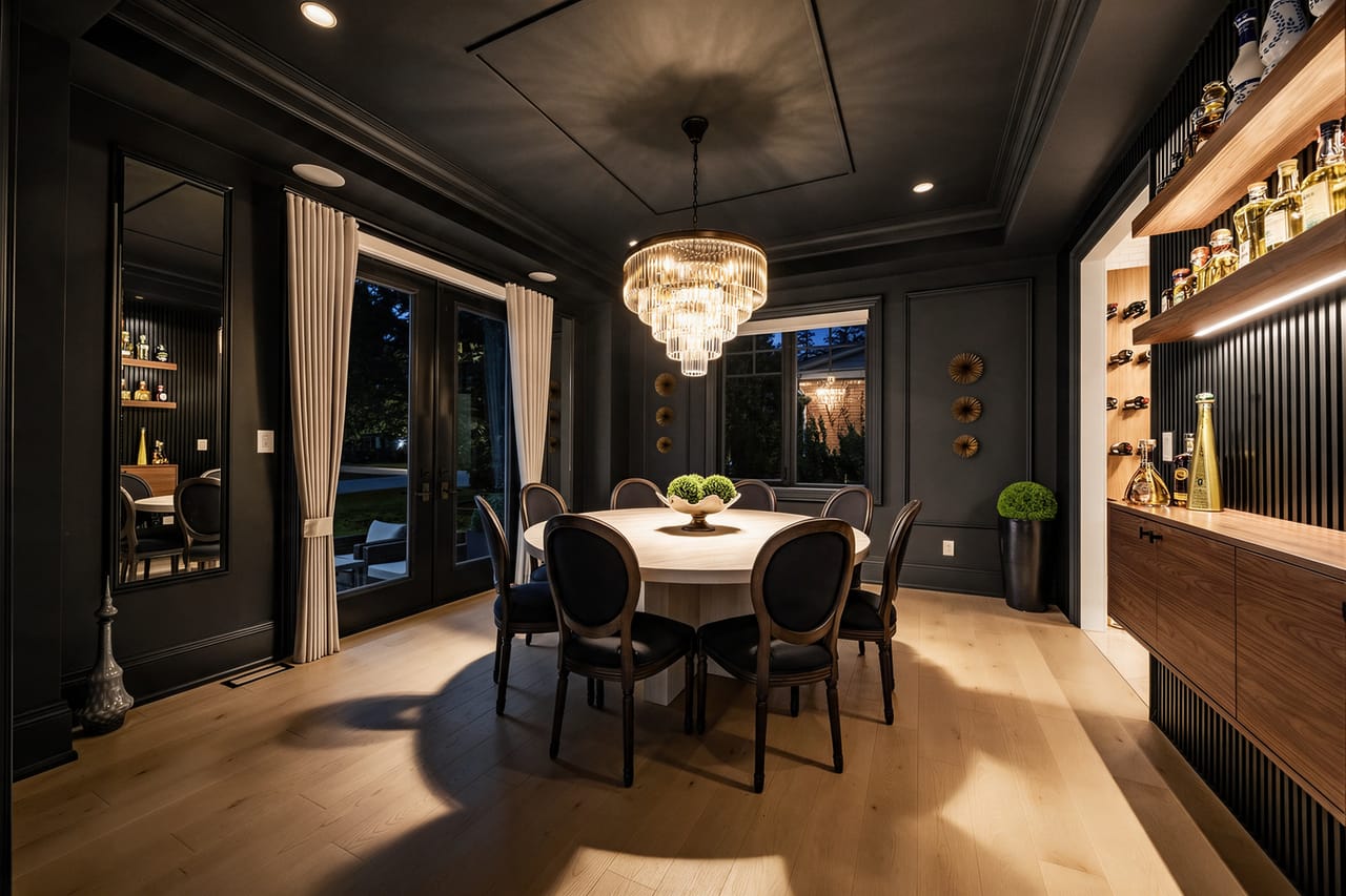 The dining room after dark, the brass chandelier low over the table
