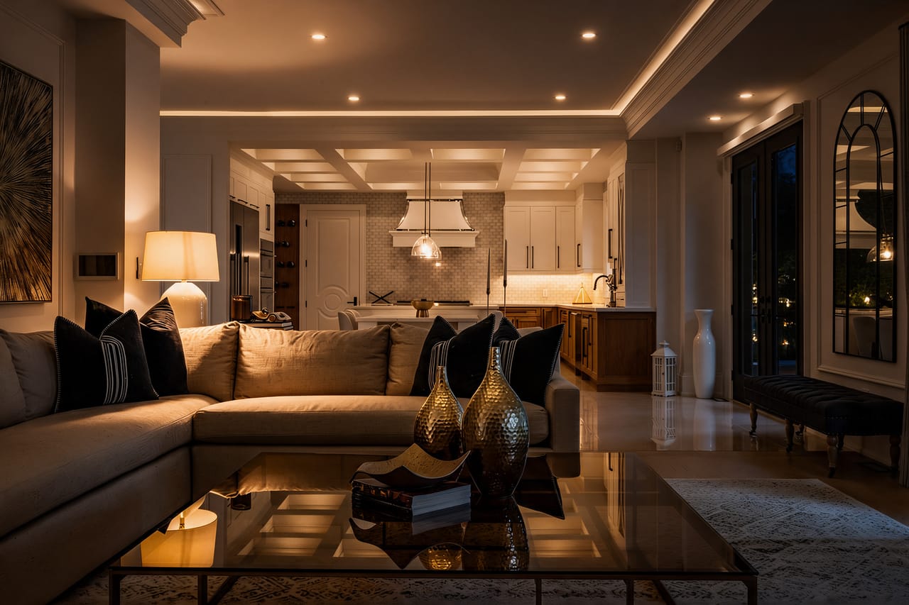 The family room after dark, the kitchen glowing beyond the sectional