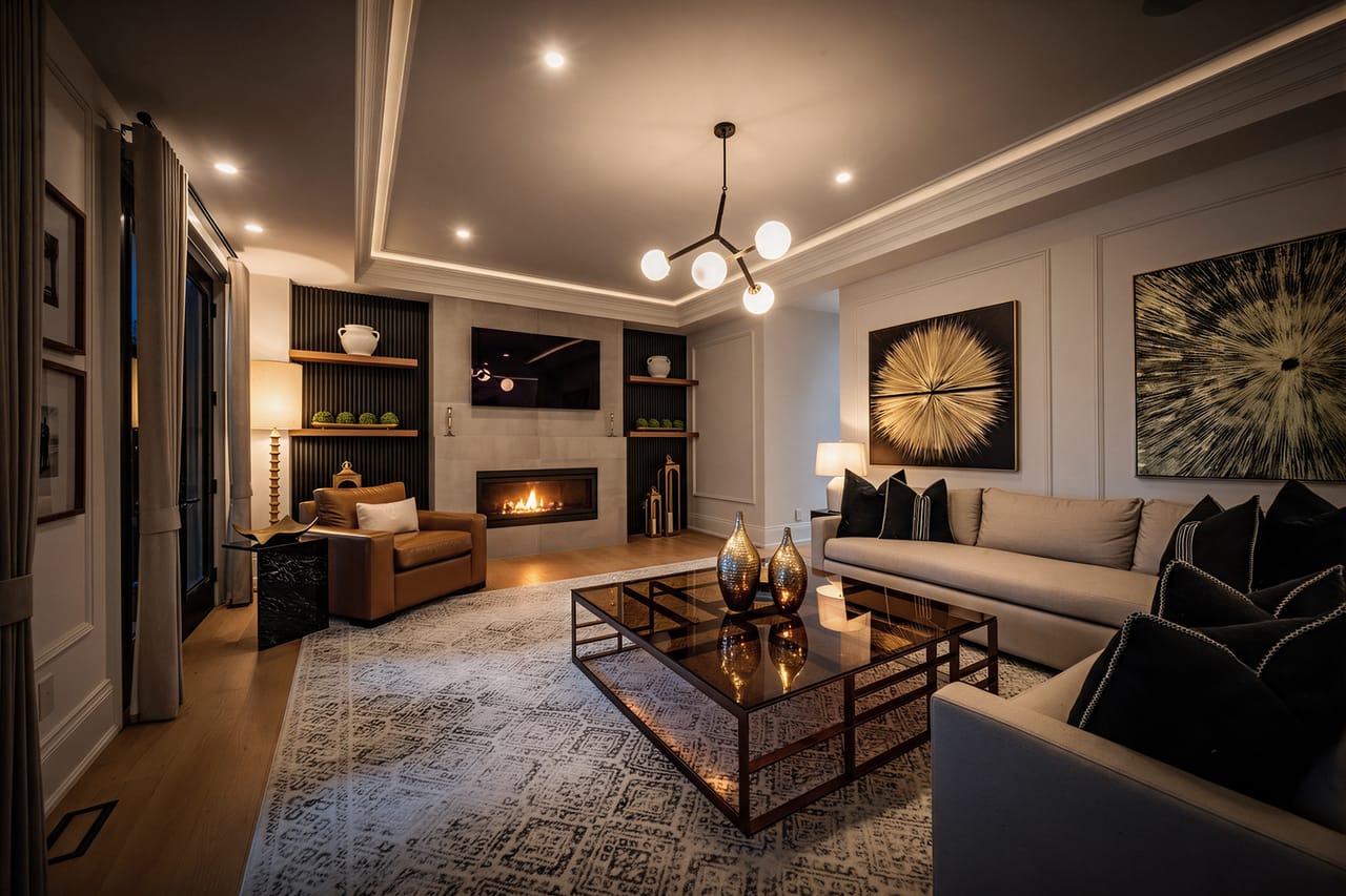 Family room at night, the linear fireplace lit between the built-in shelves