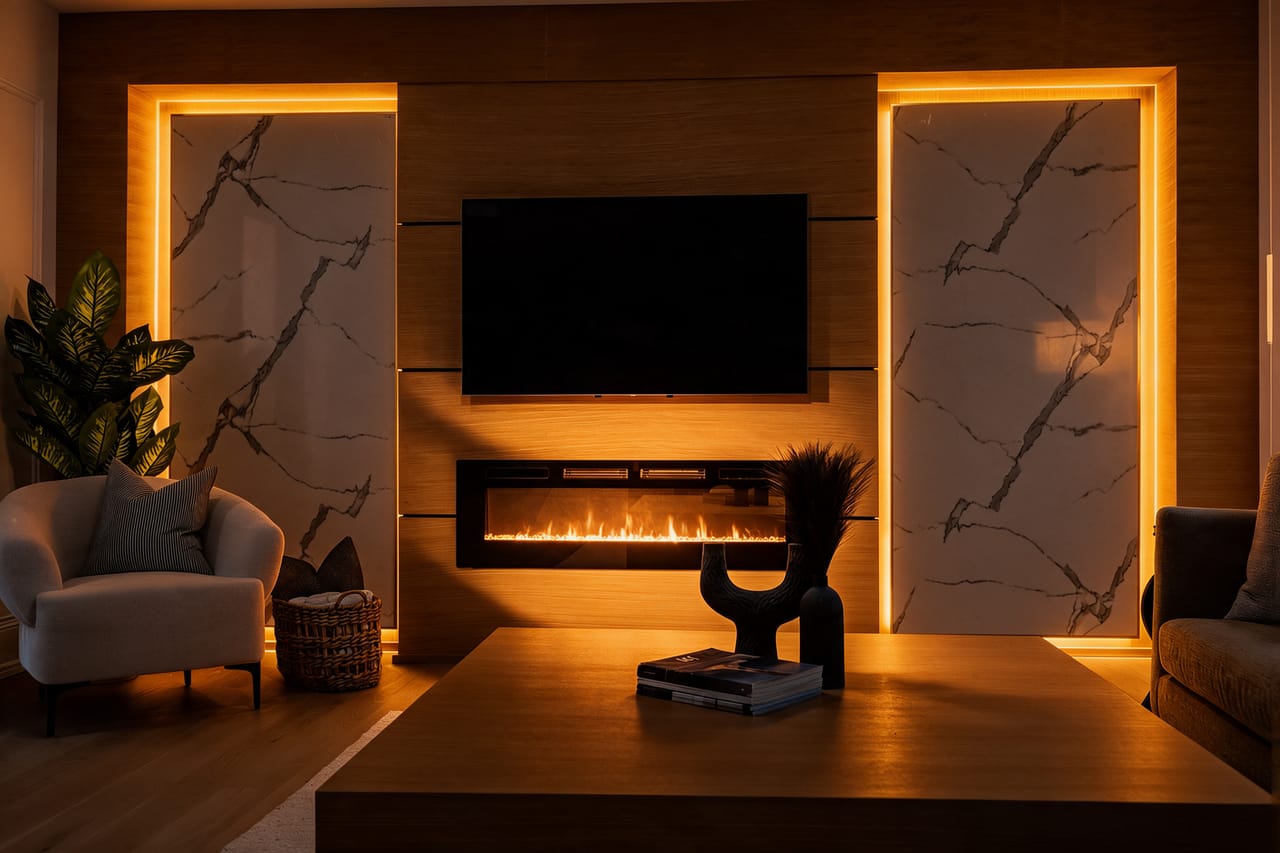 The lower level rec room after dark, the linear fireplace lit between the stone panels