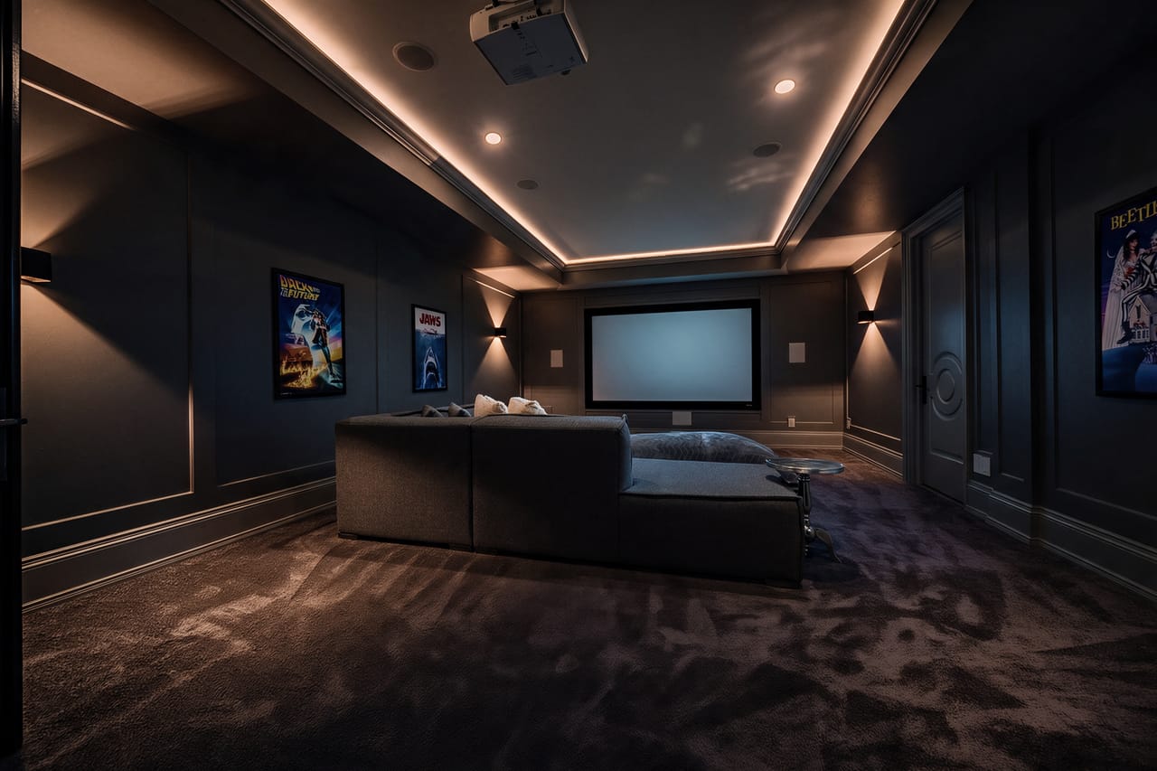 The home theatre dimmed for a film, cove lighting low along the walls
