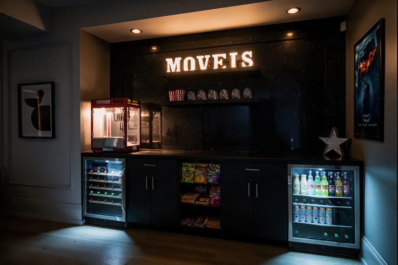 The concession bar after dark, the marquee and the fridges glowing