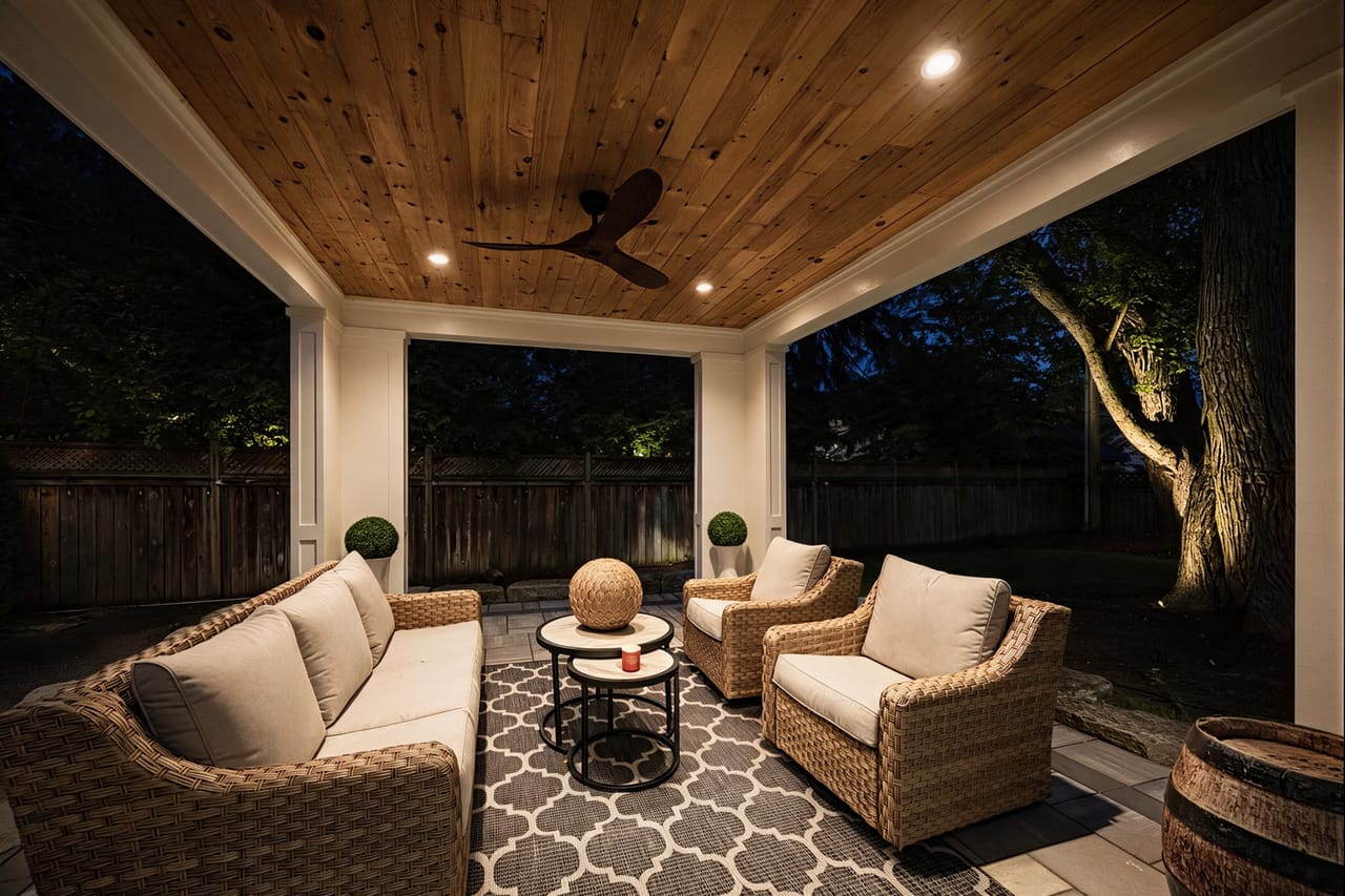 The covered loggia at night, the garden lit beyond the cedar ceiling