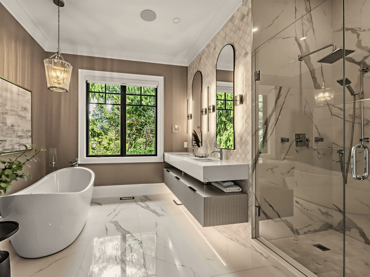 The primary ensuite, a freestanding tub under the window beside the glass shower